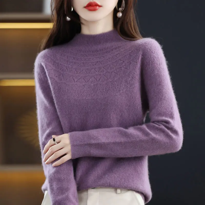 Осенне-зимний шерстяной свитер с круглым вырезом Женский пуловер длинными