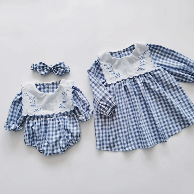 

Girls' Skirt Embroidered Navy Collar Plaid Dress 22 Spring Korean Children's Princess Skirt Sister Hair Belt
