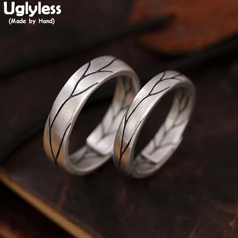 

Uglyless 1Pair Lovers Rings Personalized Crack Patterns Couples Open Ring Solid 925 Silver Bijoux Men Women Neat Fashion Jewelry