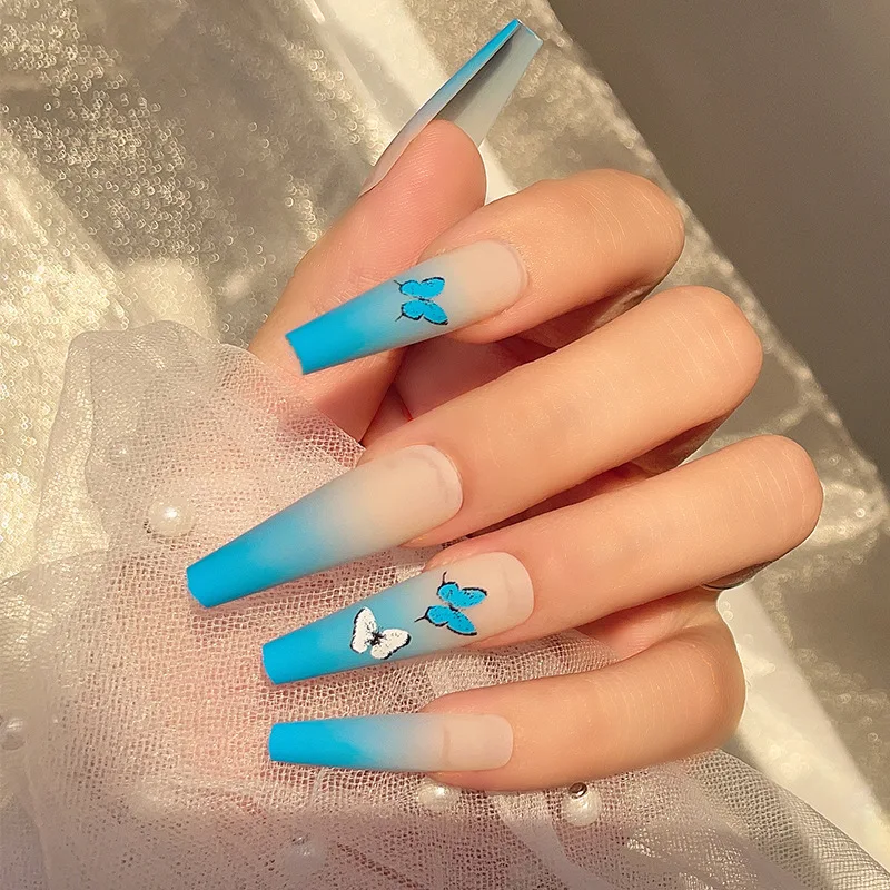 

24/pcs Artificial Fake Nails Blue Butterfly Matte Matte Long Ballet Boxed Art Finished Wearing Armor Coffin Nail Patches