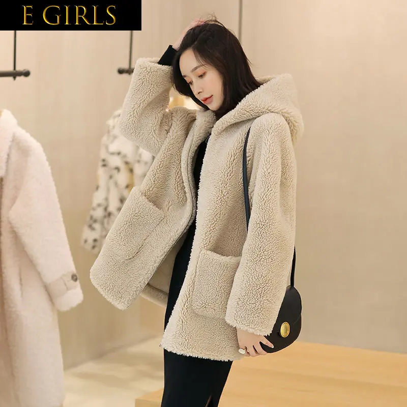 

E GIRLS Autumn Winter Women 2022 New Fashion Korean Zipper Faux Fur Outwears Female Casual Hooded Jackets Wool Fur Coats
