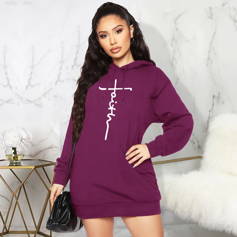 

2022 Spring Autumn Sweatshirt Long-Sleeved Dress Woman Clothing Hooded Collar Pocket Casual Lady Dress