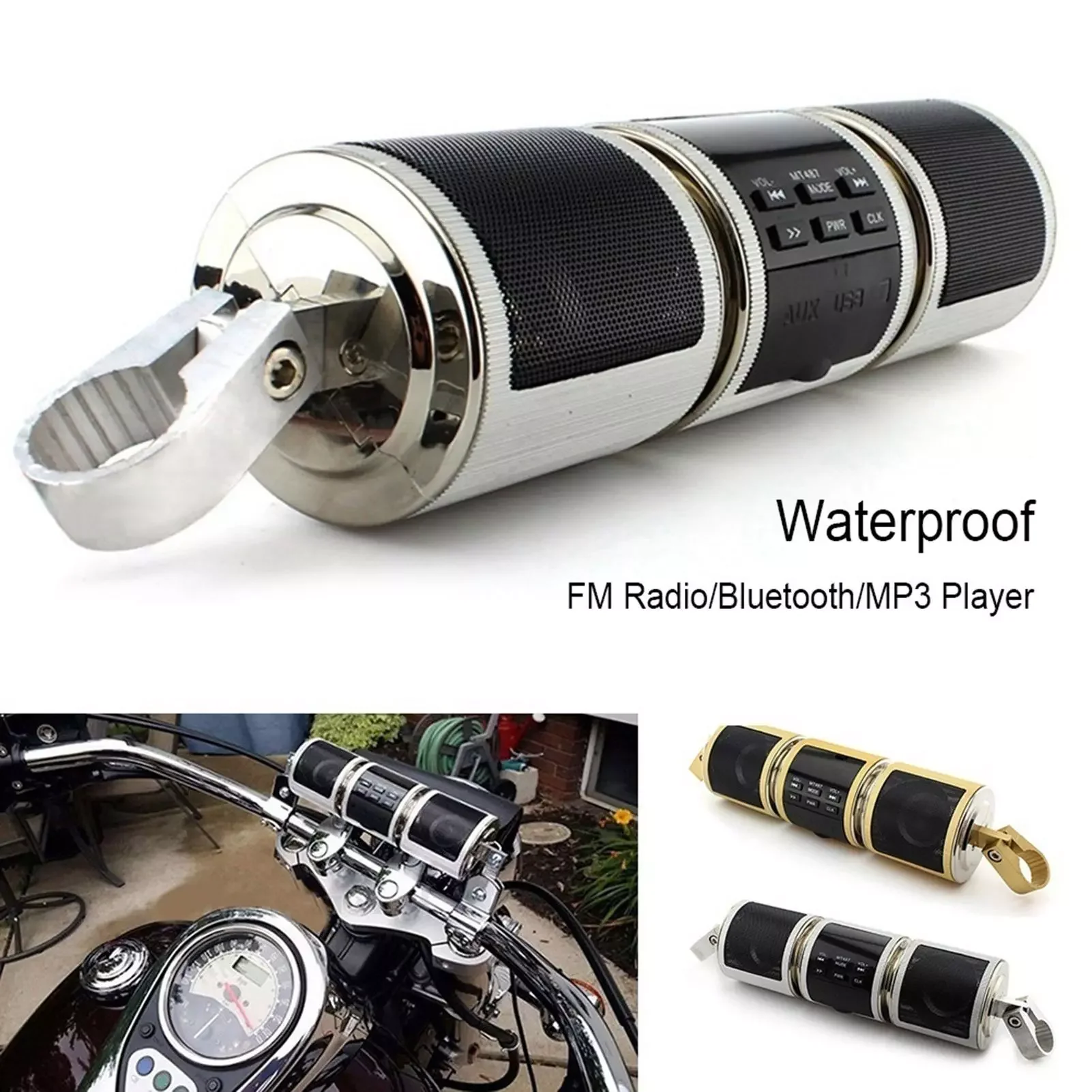 

Motorcycle Bluetooth Music Player MP3 WMA Motorcycle Stereo Speaker FM Radio Adjustable LED Screen TF card/AUX cable/USB jack