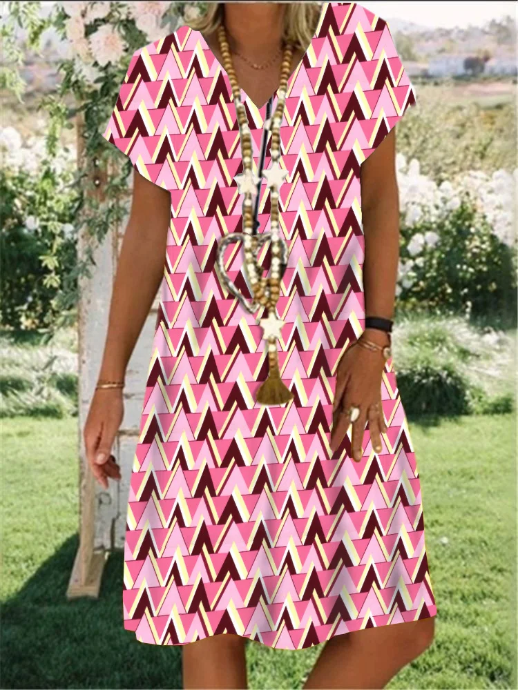 

Женское свободное платье с геометрическим принтом, повседневное розовое платье оверсайз с V-образным вырезом и коротким рукавом, лето 2022