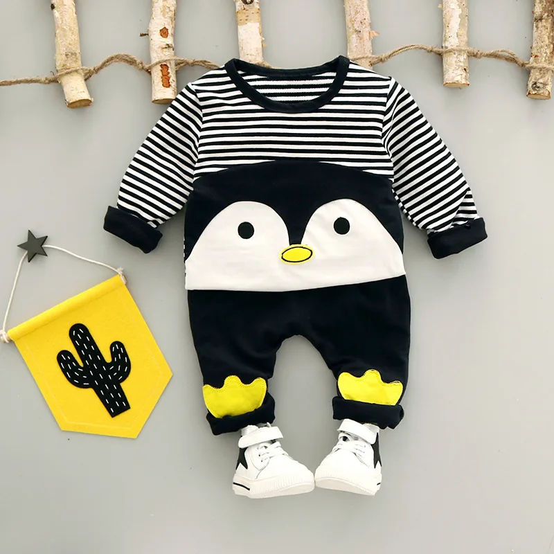 

2pcs Kids Baby Boys Clothes Spring & Autumn Penguin Stripes T Shirt Top Pants Toddler Newborn Baby Girl Clothes 0-36m