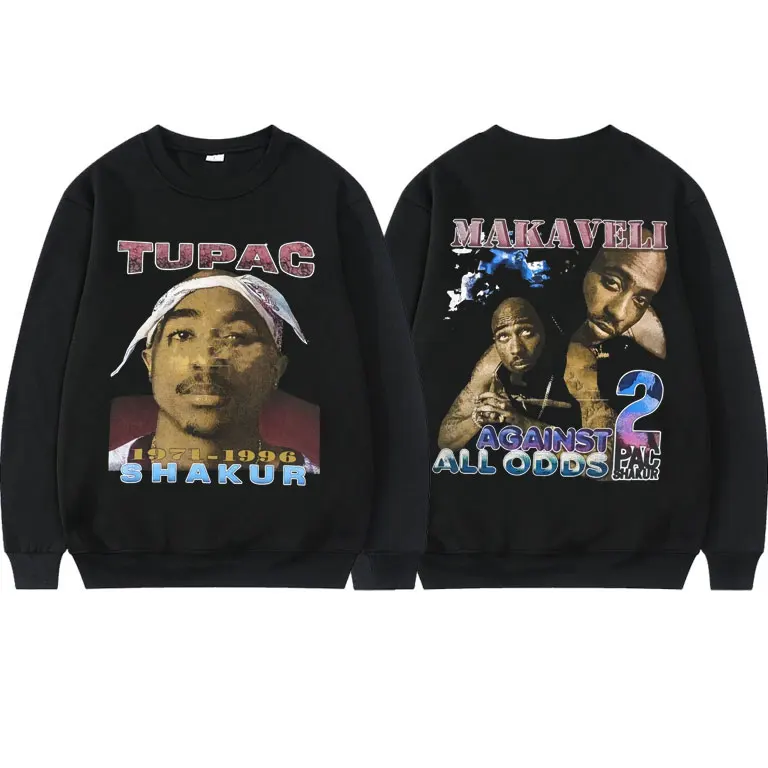 

Tupac 2Pac Shakur Makaveli Against All Odds Print Sweatshirt Men Women Fashion Hip Hop Pullover Mens Oversized Black Sweatshirts
