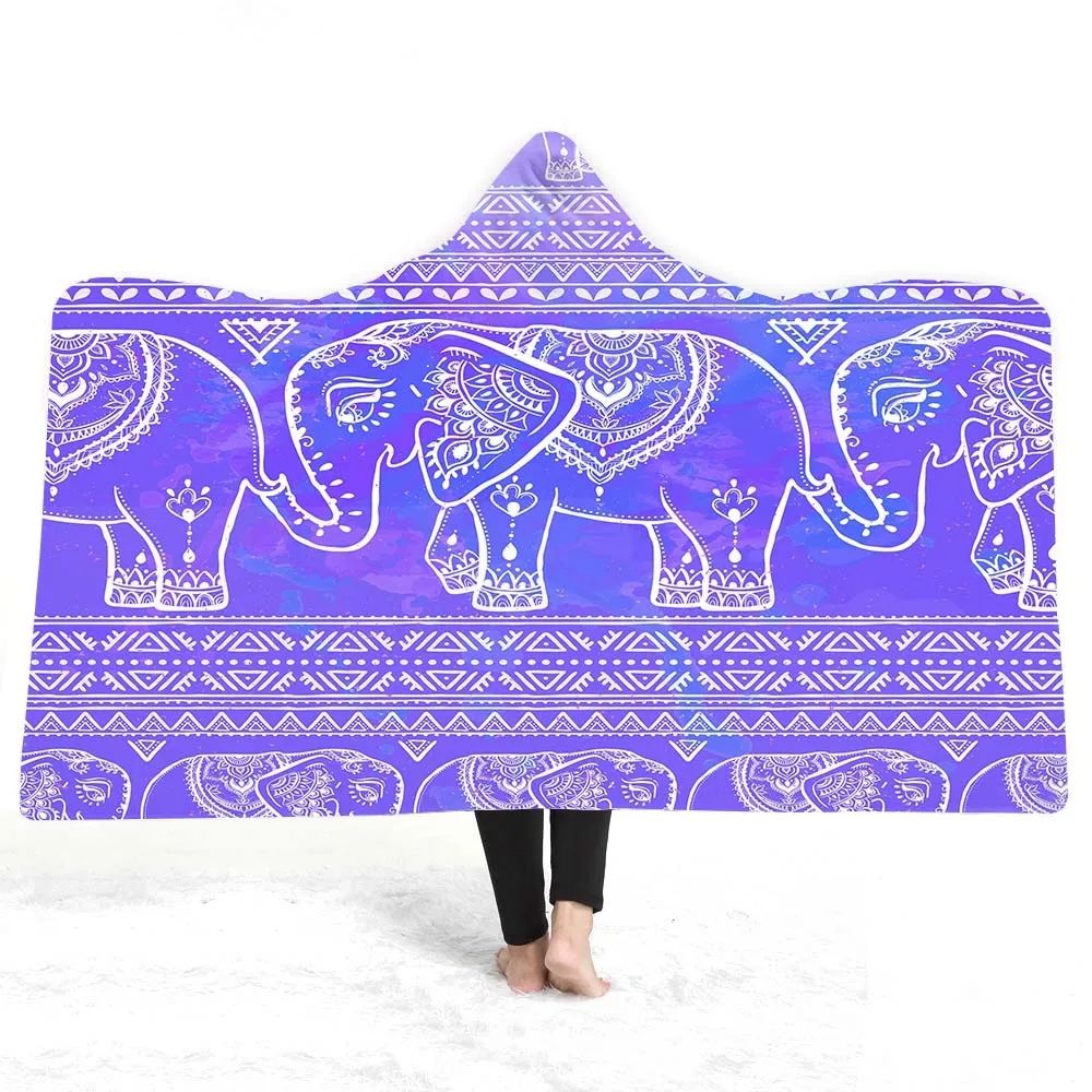 

Adult Kids Hooded Blanket Ethnic Elephant Mandala Winter Sherpa Fleece Sofa Couch Throw Holiday Gift Drop Shipping