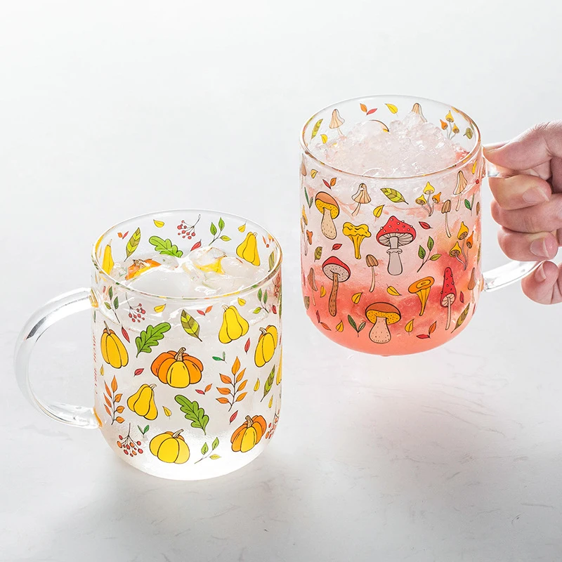 

Lemon Mushroom Glass Mug Heat-Resistant with Handle Breakfast Milk Cups Coffee Mug Party Creative Drinkware Tumbler Water Cups
