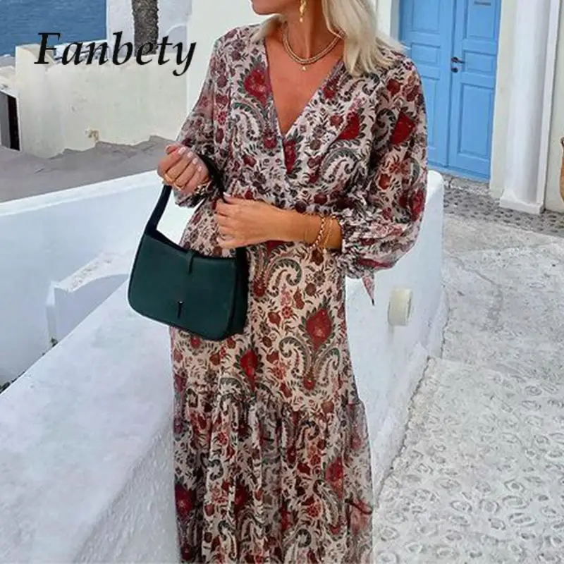 

2023 Holiday Casual Street Party Dress Vestido New Boho Print Autumn Print Women Dress Vintage Harajuku Pattern Loose Maxi Dress