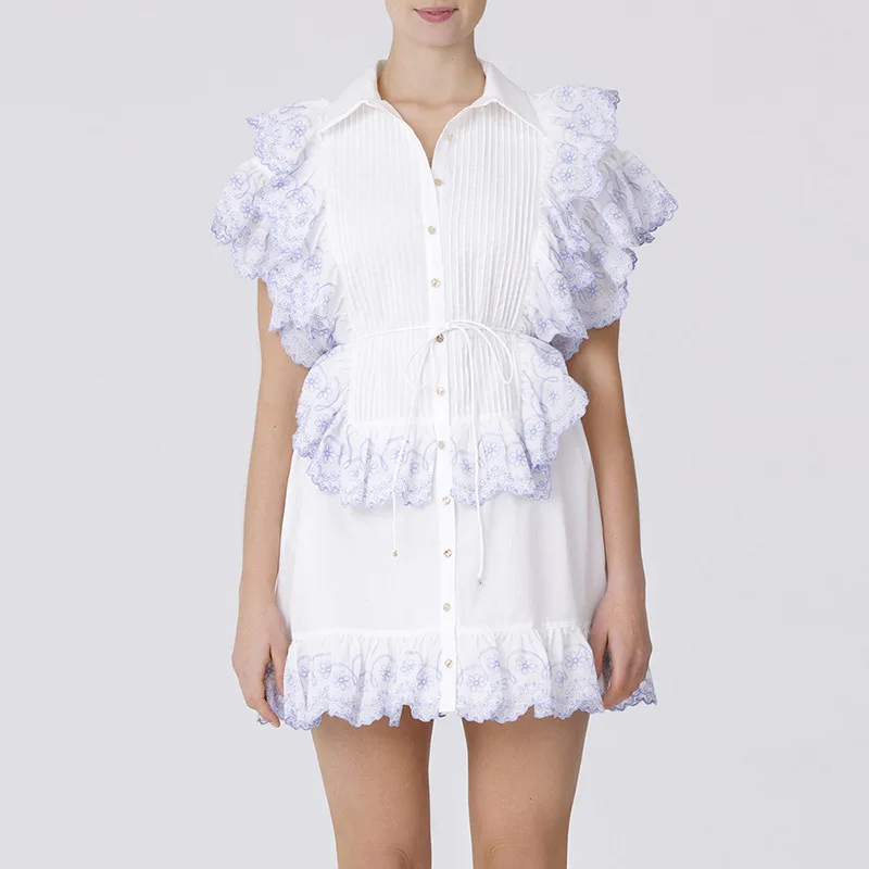 

High Quality Stitching Short Dress 2022 Summer Embroidered Flying Sleeves Layered Waist Lace Lapel Mini White Dress