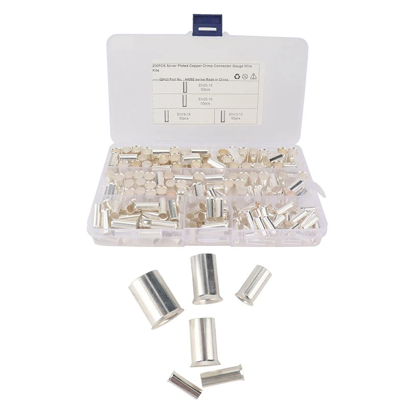 

200PCS 2-8 Gauge Wire Ferrules Kits Silver Plated Copper Crimp Connector Non Insulated Ferrules Pin Cord End Terminal