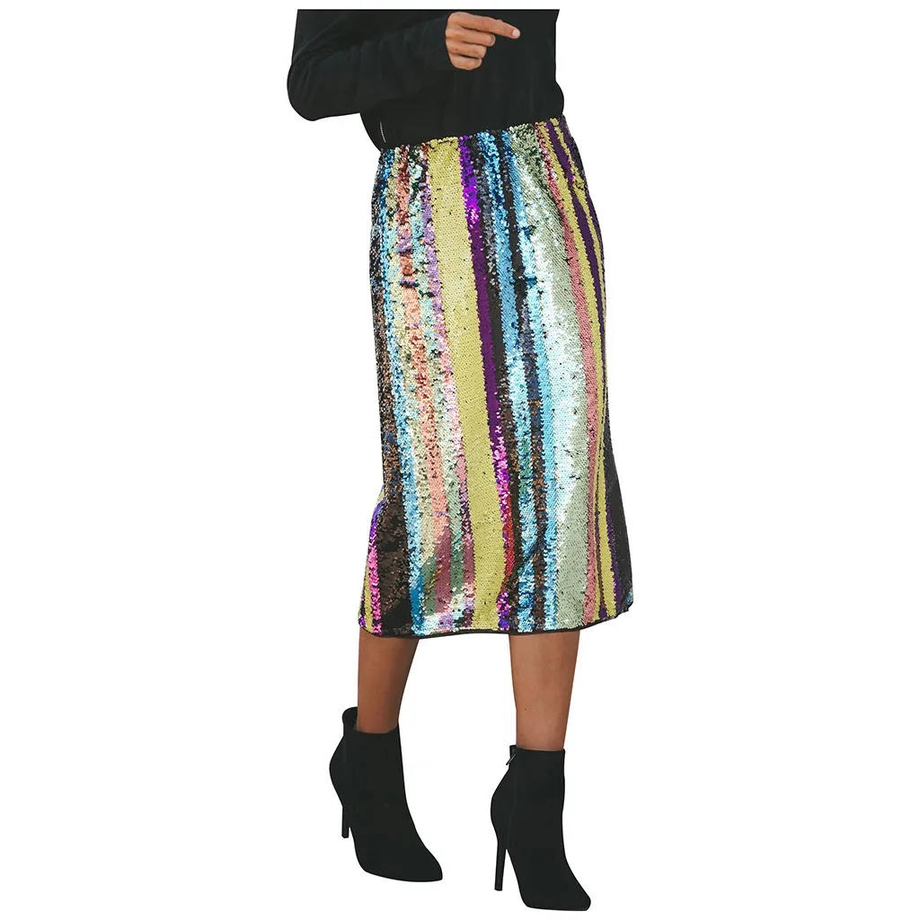 

Womens Casual Skirt Ladies Sequins Rainbow Fashion High Skirt gothic skirt Woman clothing
