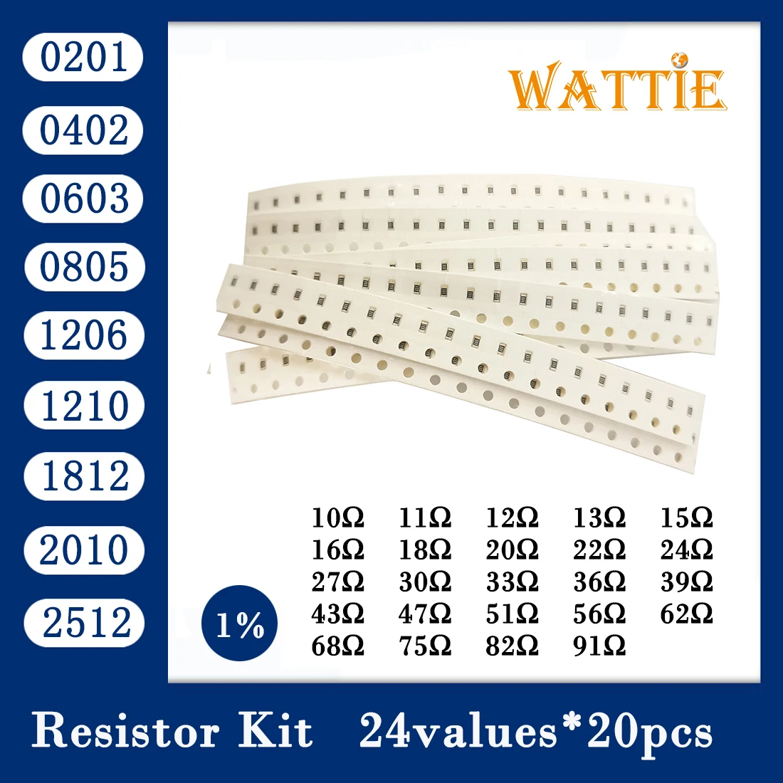 Resistor kit 0201 0402 0603 0805 1206 1210 1812 2010 2512 smd package 24values*20PCS=480PCS 1% Sample Kit Resisor | Электронные