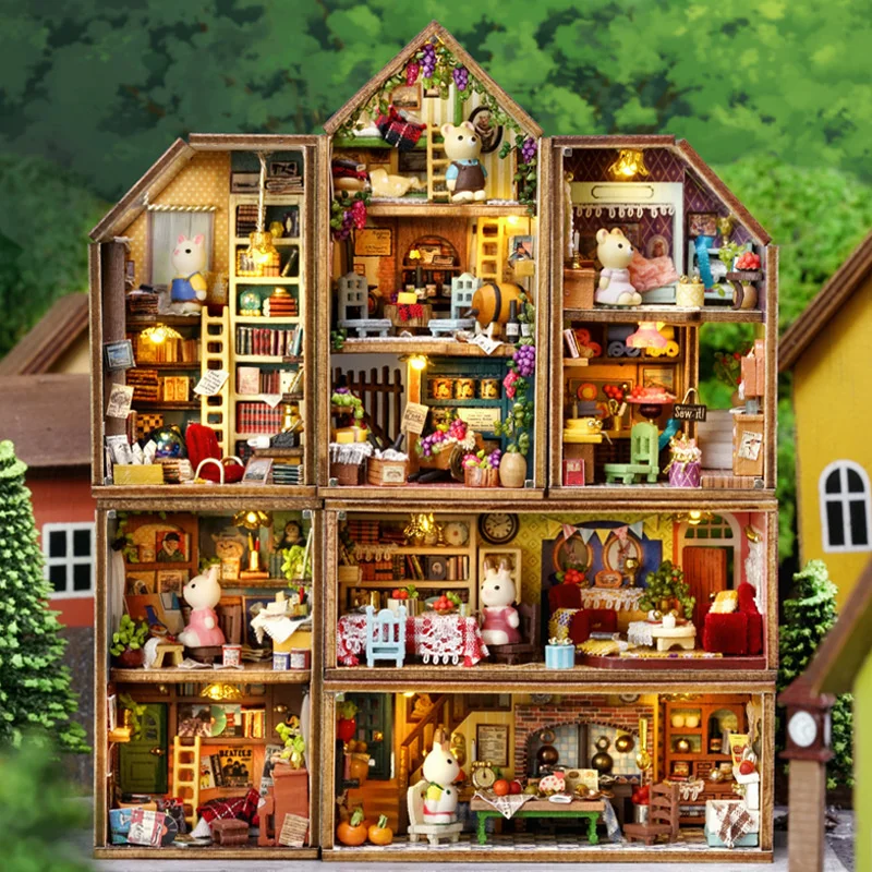 

1/6pcs DIY Mini Rabbit Town Cabin Wooden Doll Houses Miniature Building Kits With Furniture Dollhouse Toy For Kids Birthday Gift