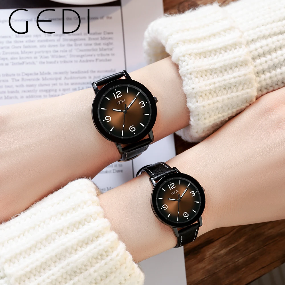 GEDI Fashion Couple Watches Leather Strap Waterproof Lover's Watches Paired Men and Women Casual Dress Quartz Wristwatch 5121