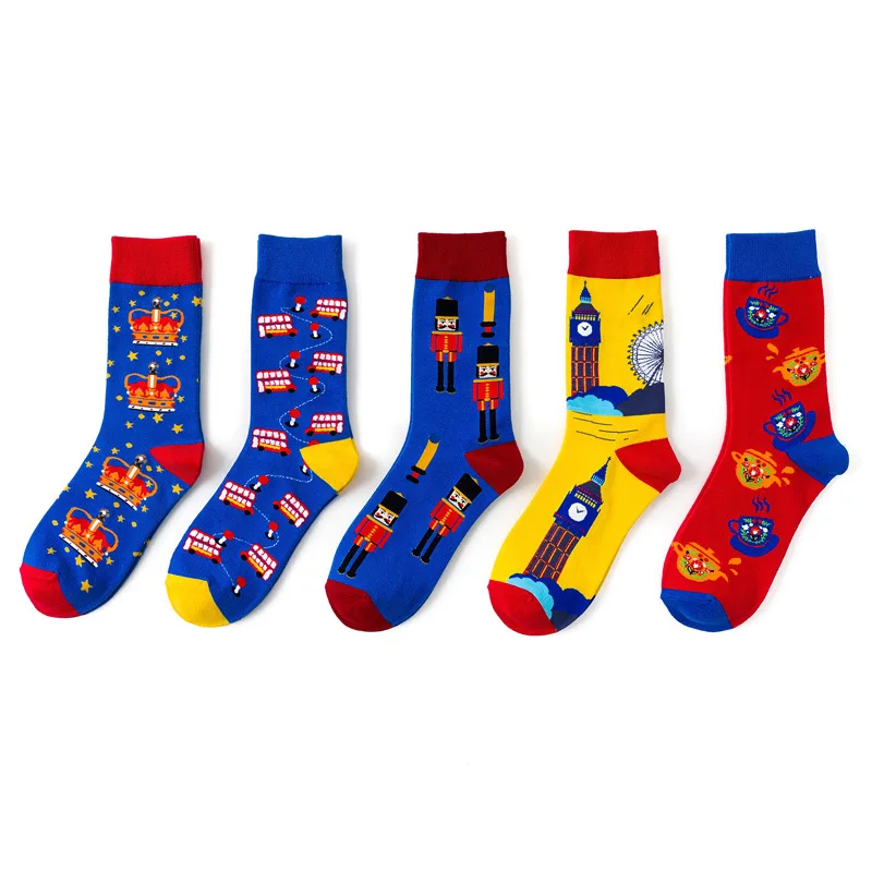 5 Pairs/Pack Novelty Design Socks Men Soldiers Clocks Buses Cups Crowns Casual Dressing Color Crew Socks Gift