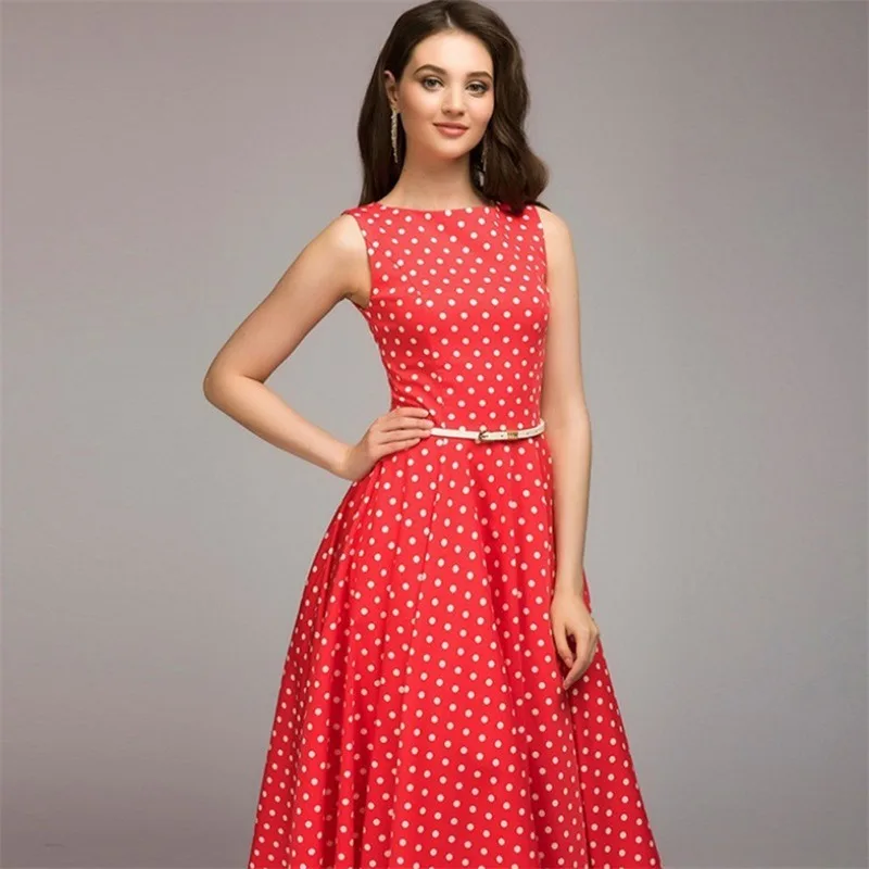 

New Vintage Polka Dot Swing Party Dresses Summer Lady Sleeveless O-neck Elegant Dress Casual Boho Midi Dress Robe Female