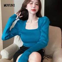 casual new korean ins fashion striped knitted tops square collar puff sleeve slim short sweaters women autumn all match pullover