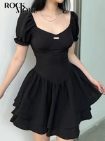 rockmore elegant puff sleeve pleated dresses women summer black a line mini corset dress holiday beach sexy fashion outfits 2022