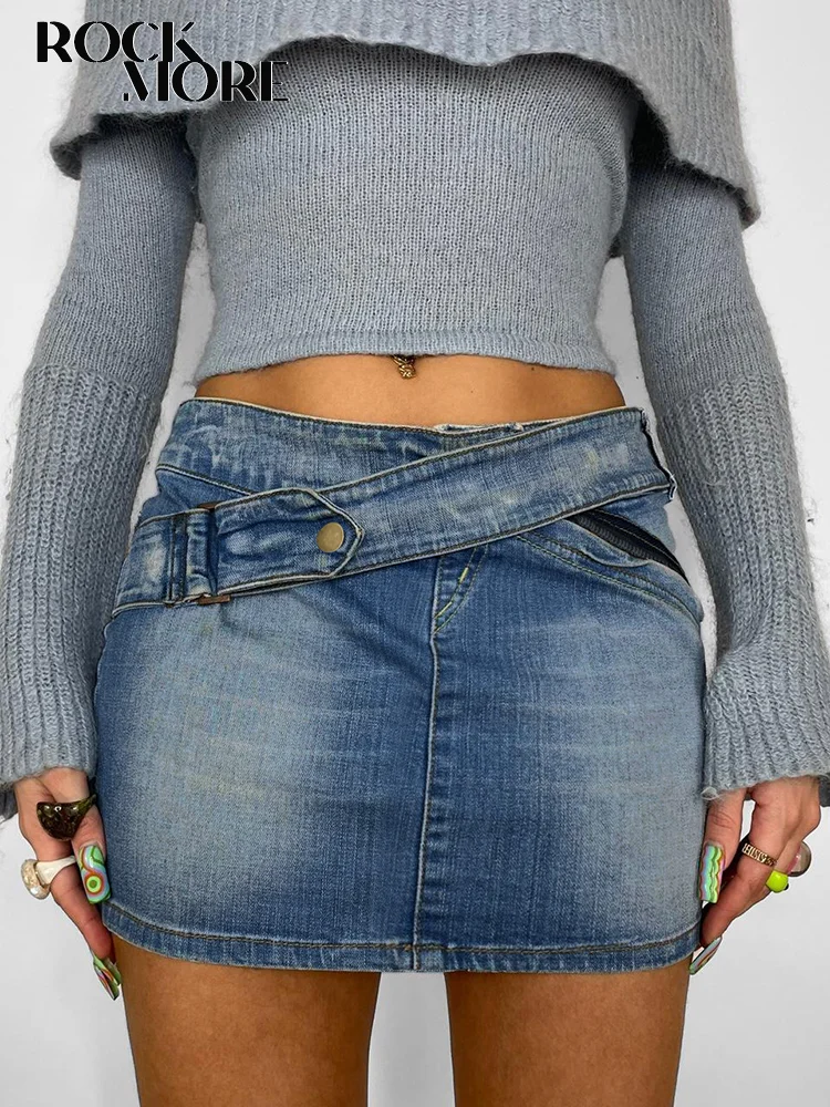 

Rockmore Women'S Jeans Skirts Belt Patchwork Y2K Vintage Mini Skirt Denim Casual Bodycon Shorts Skirts E Gril Summer Korean 2022