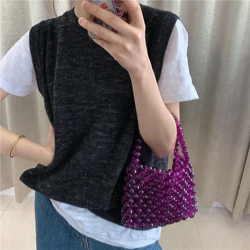 

Original Design Clear Purse Fashionable Retro Grape Color Crystal Clear Beaded Hand-woven Handbags Square Beach Travel Purses