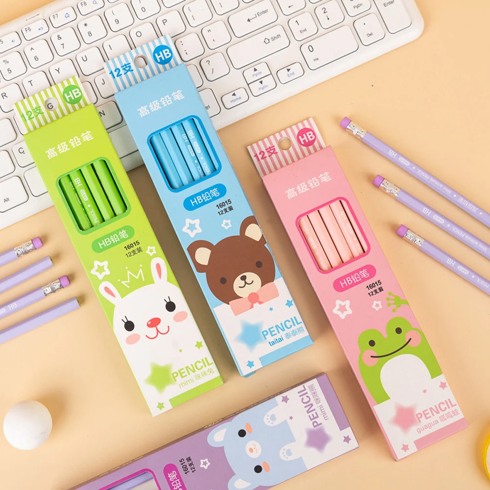 

12 Pcs/Box HB Colored Cartoon Animal Rabbit Pencil with Eraser for Student Writing Painting Sketching Pencils School Supplies