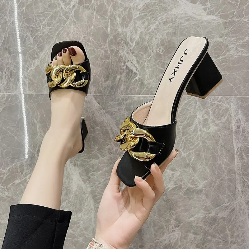 

Summer Women's Sandals 2021 New One Line Belt High Heel Sandal Metal Decoration Fashion Comfortable Women's Shoes 6cm