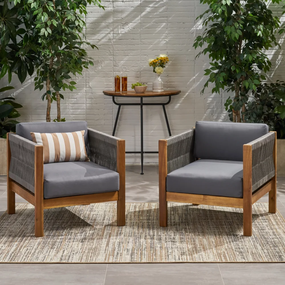 

Carrie Outdoor Modern Acacia Wood Club Chair, Set of 2, Teak and Gray