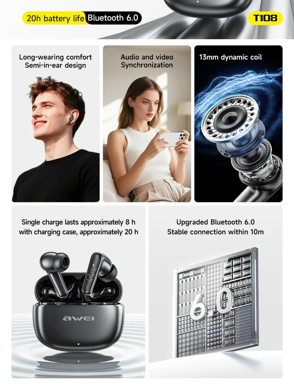 Фото Высококачественные Bluetooth-наушники Awei T108, внутриканальные TWS, беспроводные, с мощными басами, для игр, спорта и музыки, с низкой задержкой. №5
