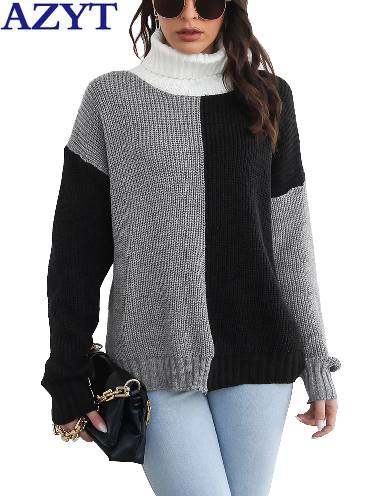 

Женский трикотажный пуловер-водолазка в стиле пэчворк