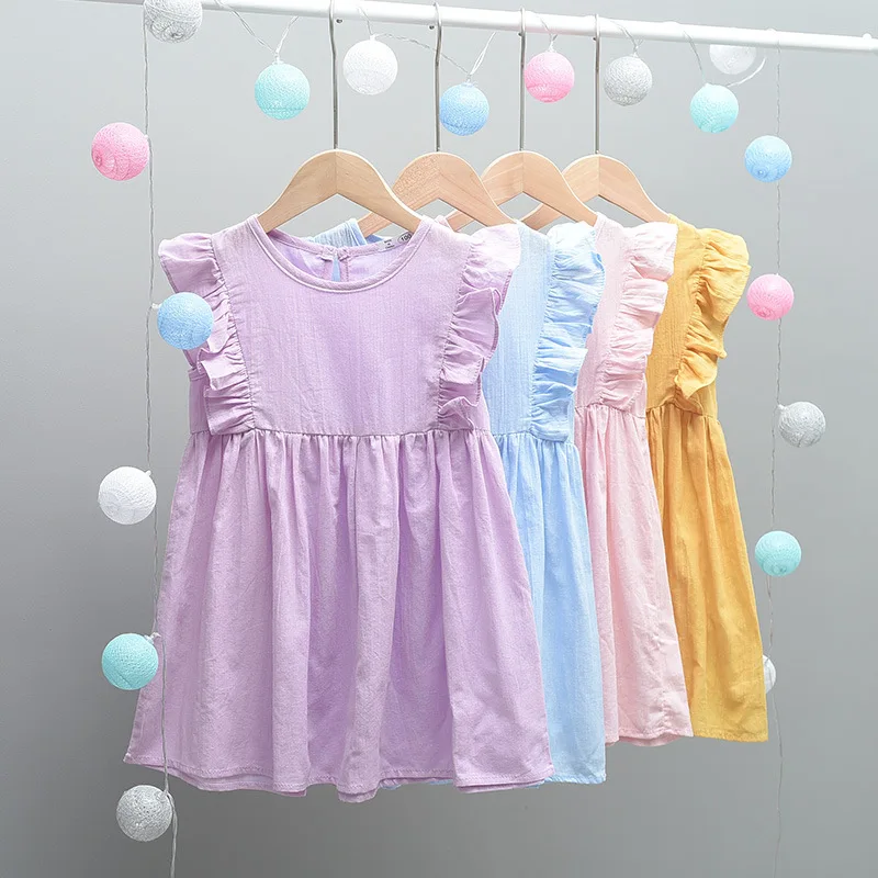 

Cotton Linen Dress For Girl Toddler Baby Girls Holiday Cute Dress Solid Ruffles Sleeveless Summer Dress Girl Children's Clothing