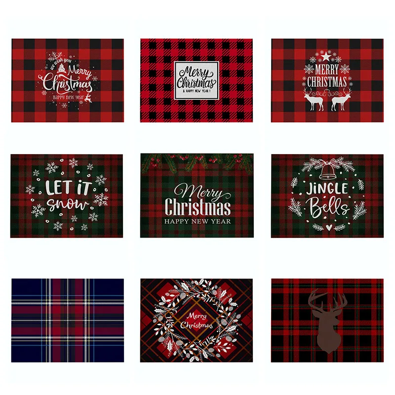 

Christmas kitchen Placemat Letter Plaid Linen Table Mats Waterproof Drink Coasters New Year Decoration Cup Mats Western Placemat