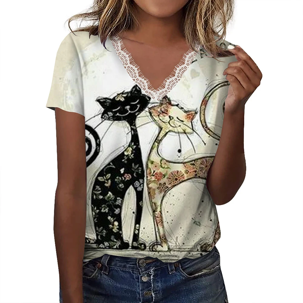 

Женская футболка с принтом мультяшного кота, свободная повседневная Летняя Кружевная футболка с коротким рукавом и V-образным вырезом, Милая футболка с котом, веселая женская одежда