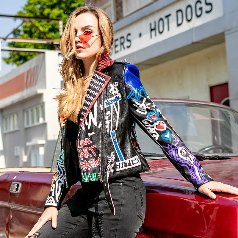 European And American Fashion Printed Women'S Short Leather Motorcycle Jacket Personality Trend Slim Delicate Cool Stage enlarge