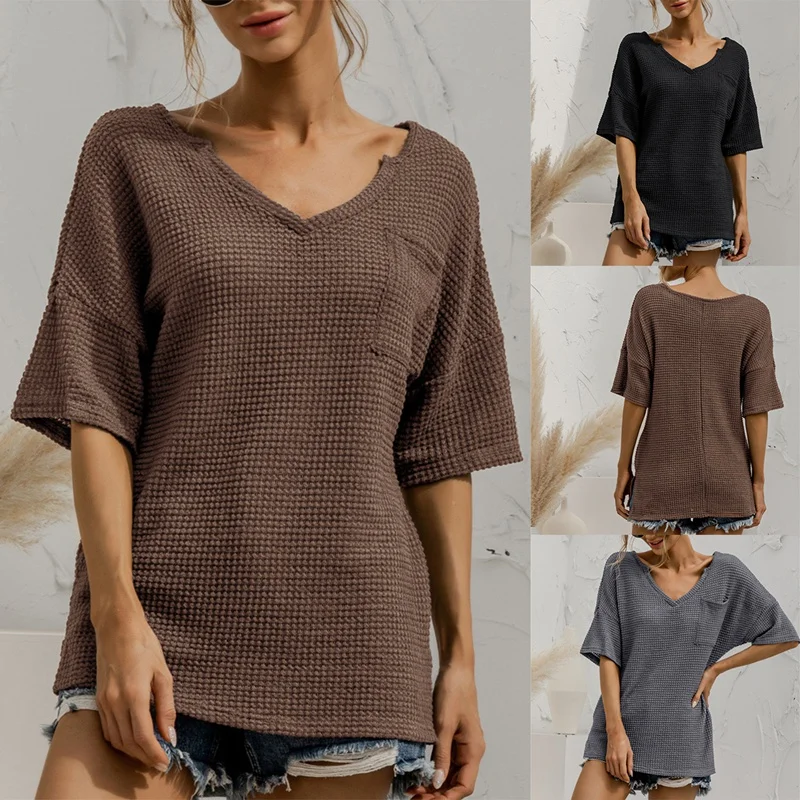

Womens V Neck T Shirts Short Sleeve Tops Casual Loose Fit Tees Tunic Pocket Shirts Blouse