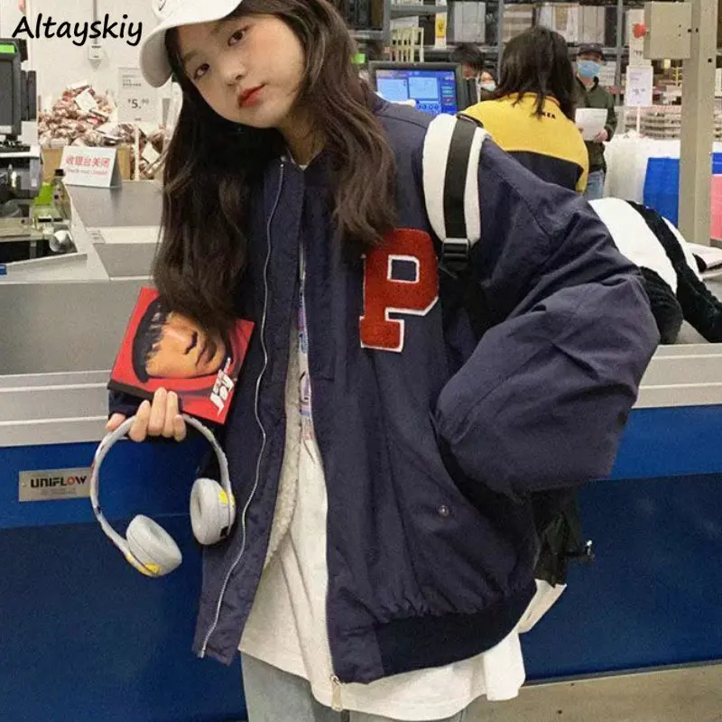 

Zip-up Parkas Coat Women Ulzzang Preppy Style Simple BF Loose Vintage Thicken Winter Fashion All-match Streetwear New Keep Warm