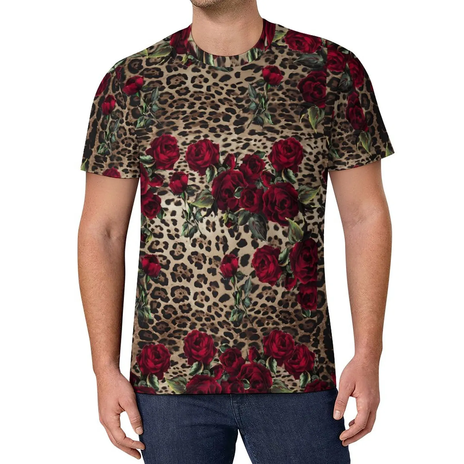 

Футболка мужская с цветочным леопардовым принтом, Базовая рубашка в стиле ретро, топ с коротким рукавом и принтом красных роз, большие разме...