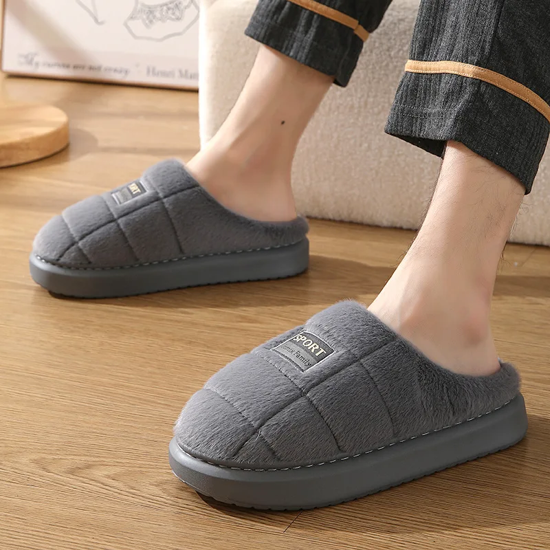 

Platform Grid Men's Shoe 2023 New Arrival Extra Plus Size 48/49 Winter Indoor Furry Slippers Men Non-slip Plush Slides Shoes