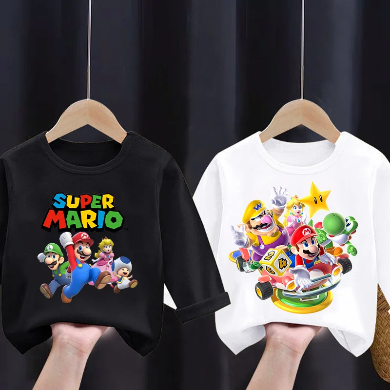 Футболки с круглым вырезом и длинными рукавами Super Mario Bros топы графическим