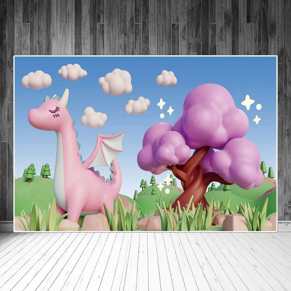 

Фотофоны с мультяшным драконом розовым деревом для фотосъемки фотообои с декором облака небо скалы Луг пользовательские детские фоны для ф...