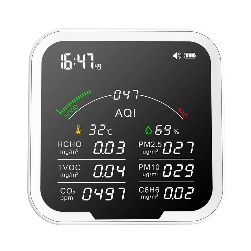 

PTH-9B 9 In 1 HCHO C6H6 TVOC PM2.5 PM10 CO2 Air Quality Detector Hygrometer Digital Clock Alarm Carbon Dioxide Meter