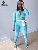 binii summer bodycon two 2 pieces set women outfits 2022 long sleeve zipper crop top blue coffee pants skinny matching sets
