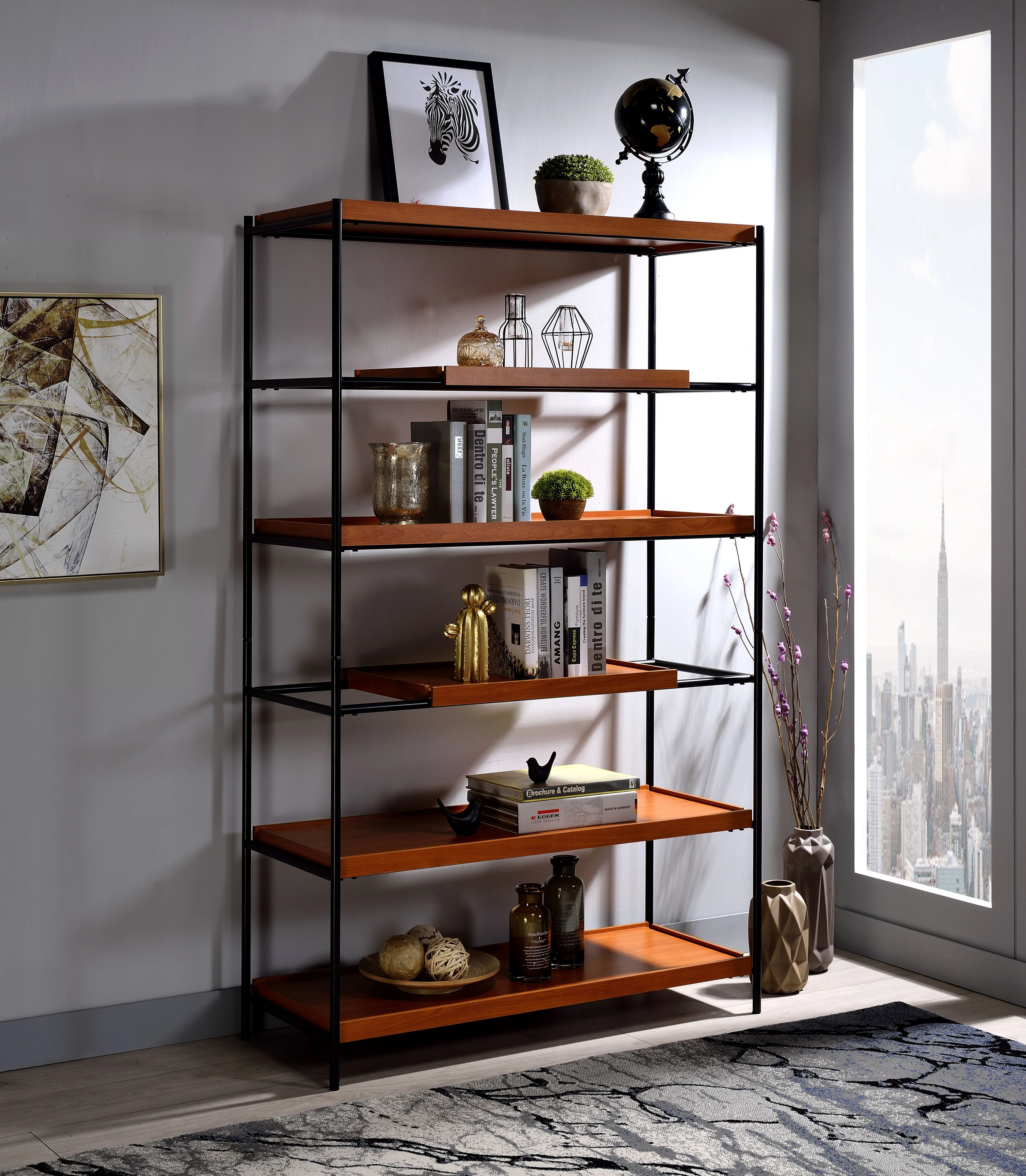 Bookshelf, Honey Oak & Black 6 Layer Display Bookshelf H Lad