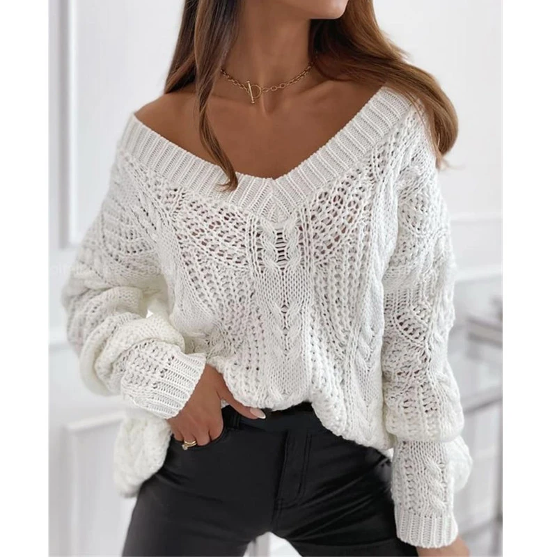 

Women Solid Hollow Out Ribbed Knitted Sweater 2021 Autumn Winter Elegant V Neck Tops Casual Long Sleeve Loose Pullover Sweater