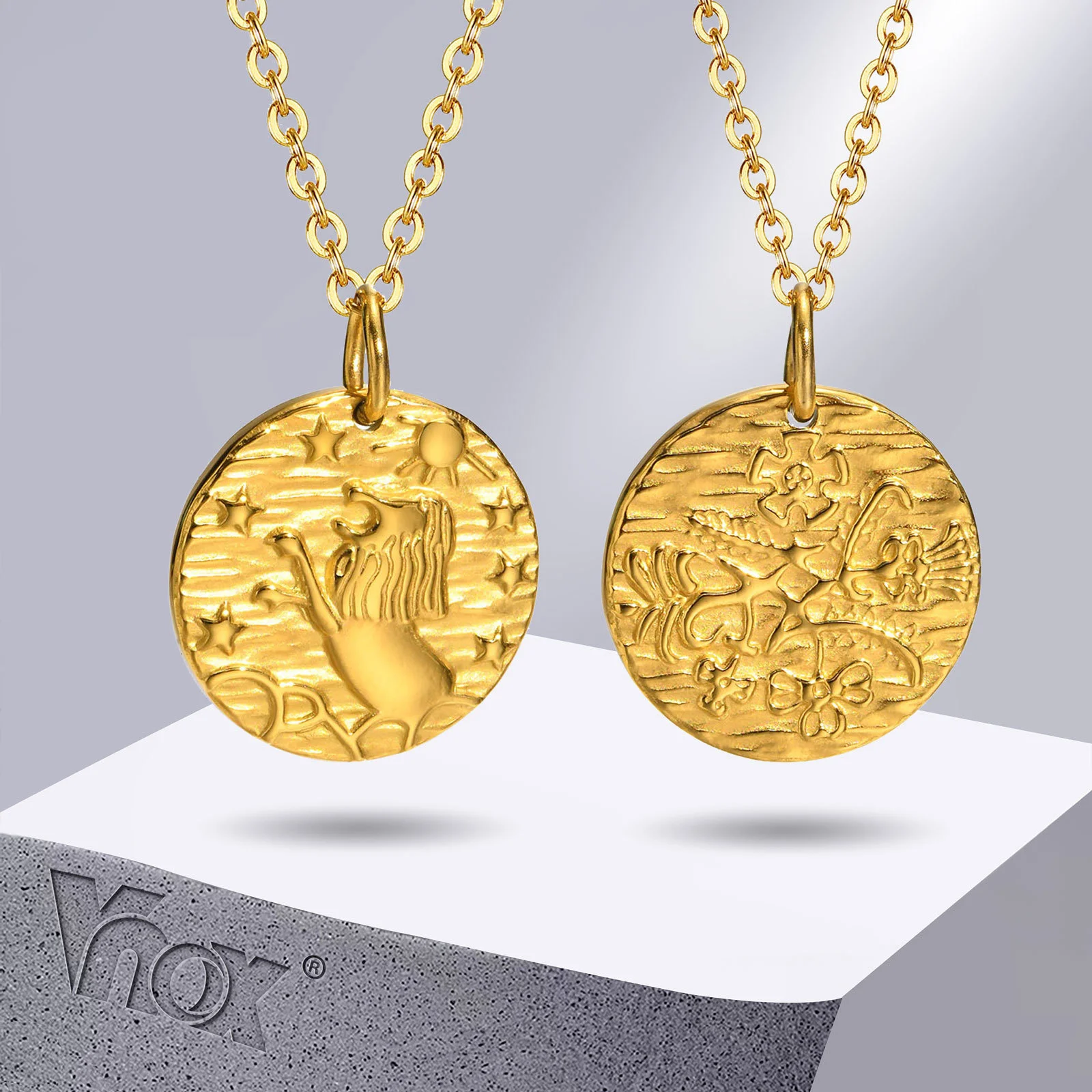 

Vnox New Trendy Hammered Round Necklaces for Women Gift, Gold Color Stainless Steel Sculpted Reliefs Pendant Collar Jewelry
