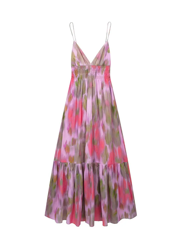

Women New Chic Fashion Pleated printed V Neck Midi Dress Vintage sleeveless backless Tie-up Straps Female Dresses robe Mujer