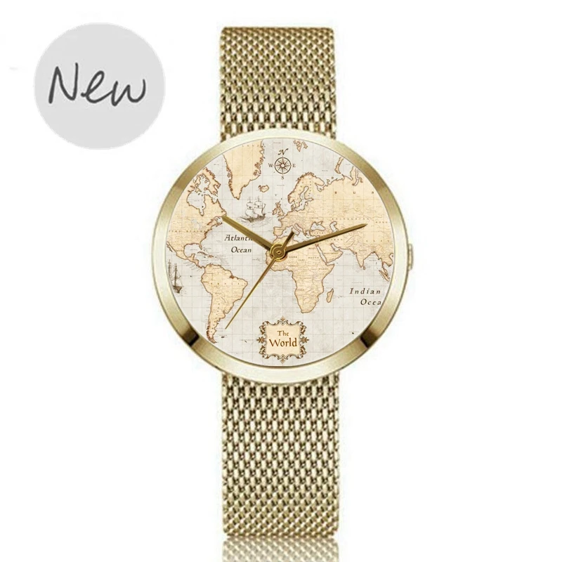 Фото Женские кварцевые часы с сетчатым браслетом и картой мира | Наручные