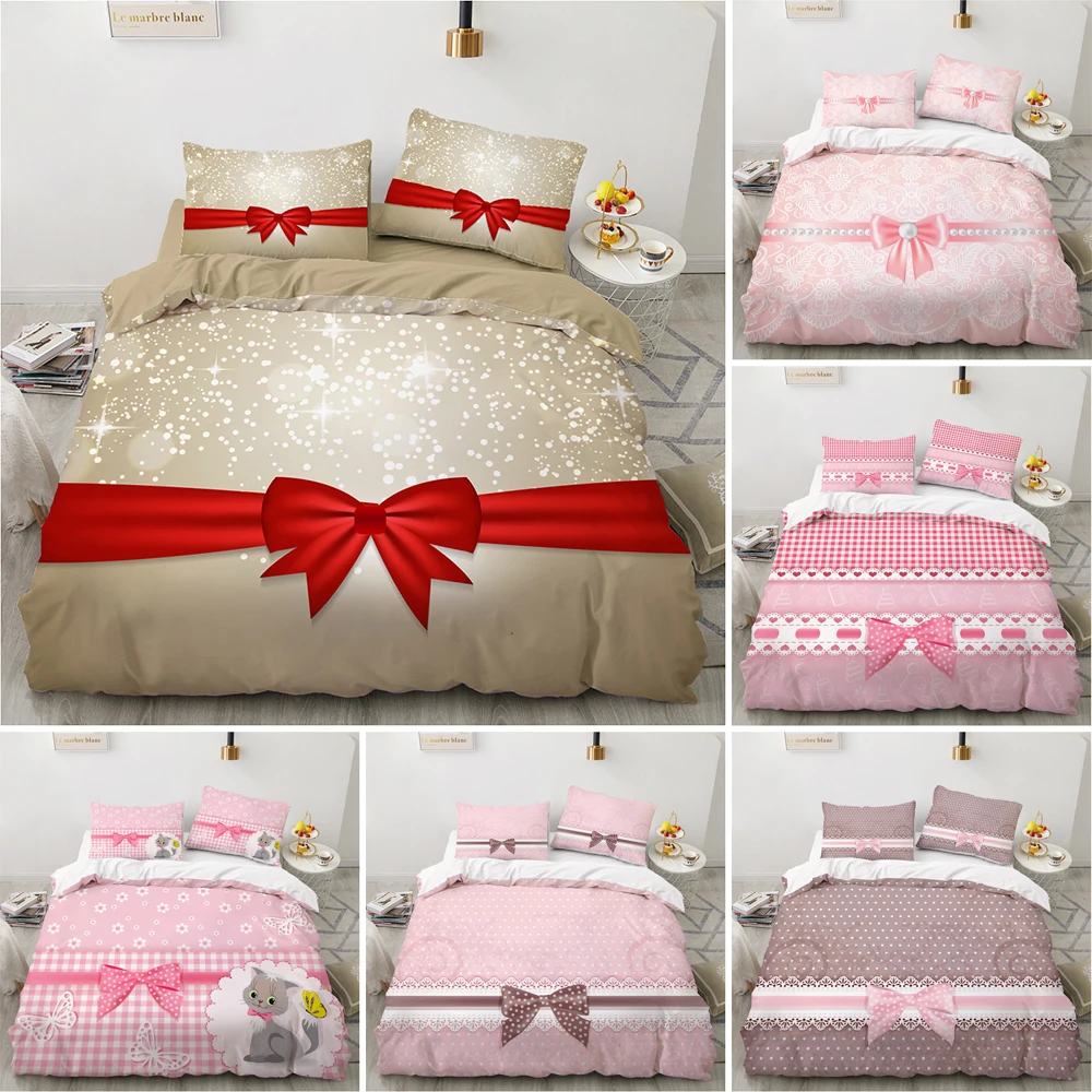 

3D Printed Creative Gift Bow Knot Duvet Cover Queen King Size Bedding Set For Girls Bedroom Summer Quilt/Comforter Cover 2/3Pcs