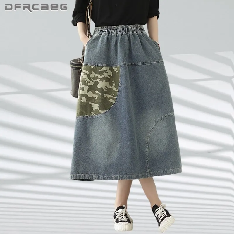 

Юбка женская джинсовая трапециевидная в стиле пэчворк, винтажная длинная свободная голубая из денима с поясом на резинке, в стиле ретро, лето 2023