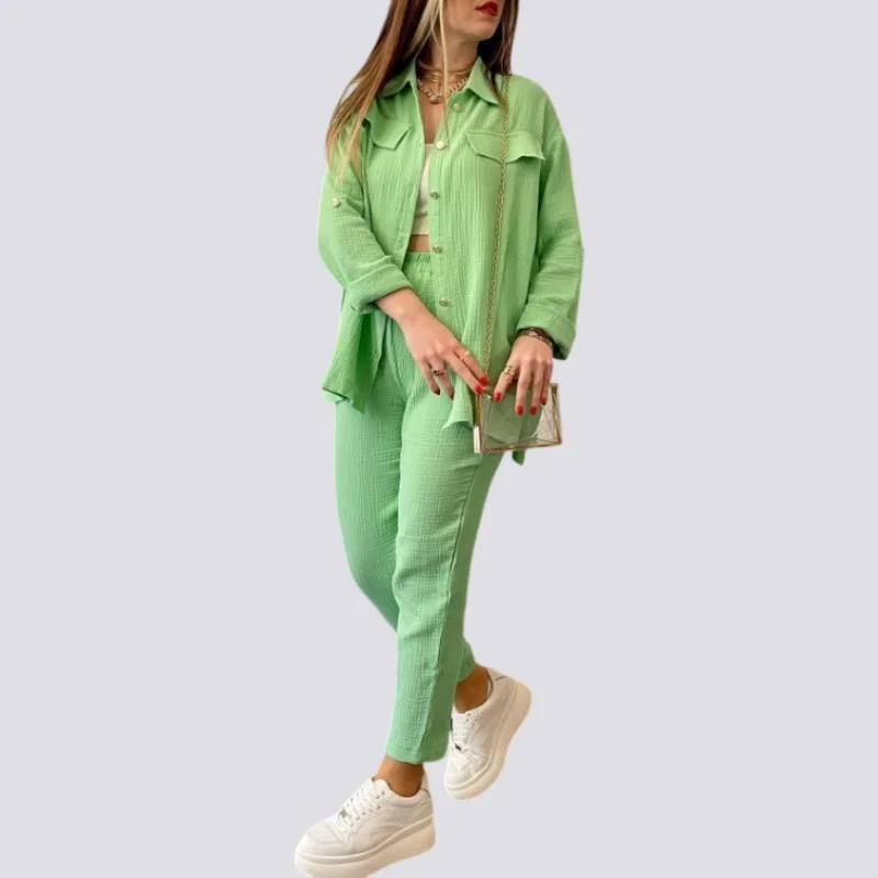 

2023 Women Spring and Summer Solid Color Homewear Fashion Casual Turn-Down Long Sleeve Cardigan Long Pant Gauze Two Piece Set